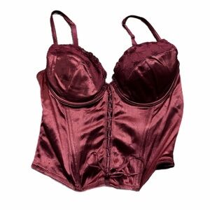 90s Y2K European Vintage Satin Embroidered Corset Bustier Top Burgundy/Wine 34C